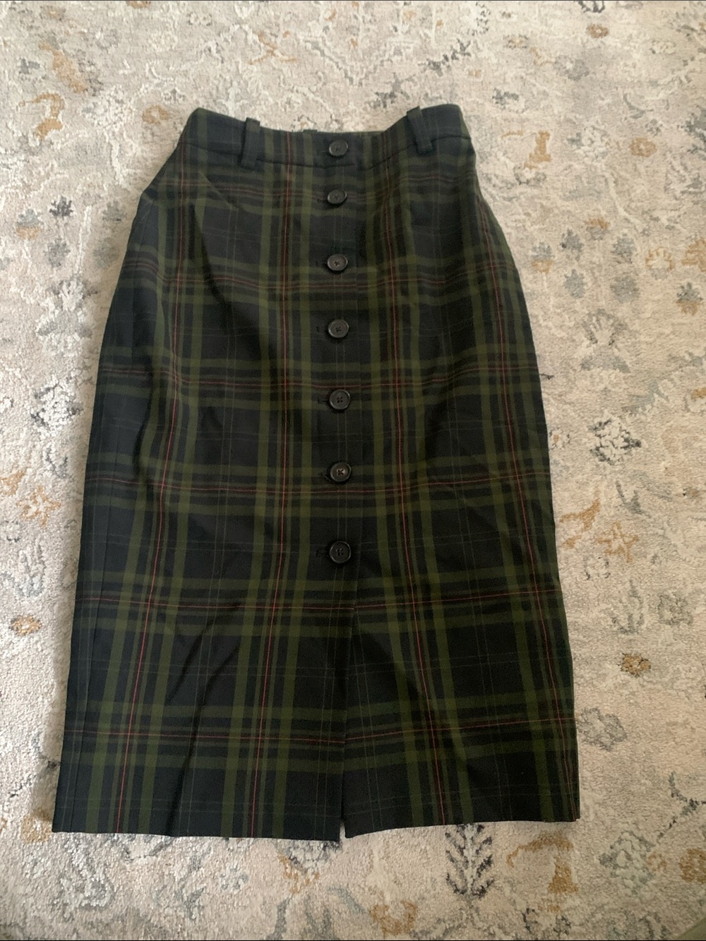 Aritzia: High-Waist Dark Green Plaid Button-Front Pencil Skirt